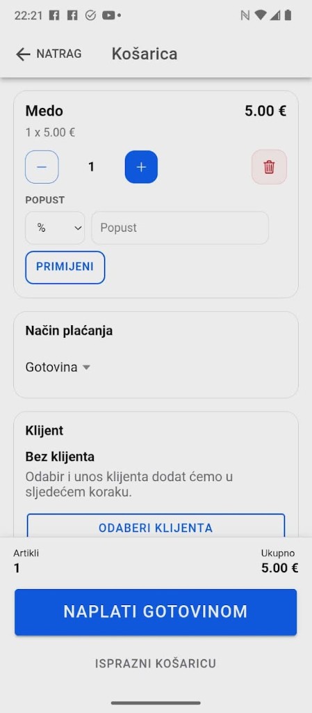 MaliUred Android aplikacija — košarica