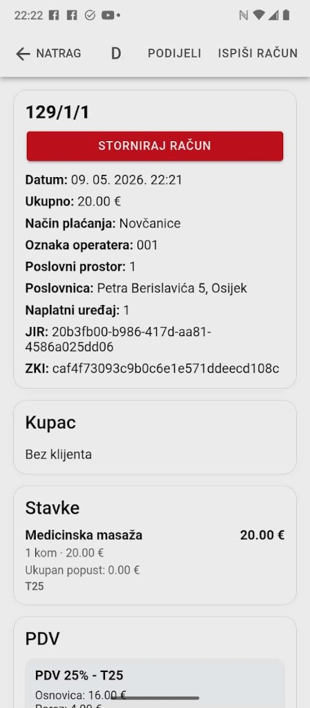 MaliUred Android — detalj fiskalnog računa s JIR i ZKI