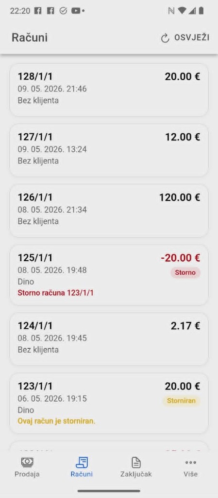 MaliUred Android — pregled izdanih računa